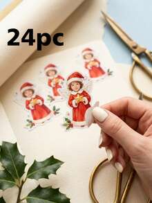 12/24/48pcs Personalized Custom Photo Christmas Angel Stickers, Custom Portrait Image Printed Waterproof Stickers, Angel Santa Claus Costume With Star And Holly Berry Design, Family Christmas Gift Wrapping Accessories, Gift Box Envelope Holiday Party Decoration - Multicolor - View 8