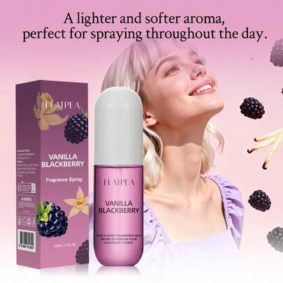 FLATPEA Women's Hair Fragrance Spray, Sweet Vanilla & Blackberry Scent, With Orange Blossom, Rose & Berry Notes, Long-Lasting Lightweight Fragrance Spray, Suitable For Daily Wear, Office, Date, Travel, Portable 50ml