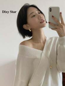 Sweater Lengan Panjang Wanita Warna Polos Kasual Serbaguna untuk Pemakaian Sehari-hari - Putih - View 2