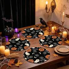 1/4/6pcs Halloween Series BOO Ghost Pumpkin Spider Web Hand-Painted Pattern Placemats, Suitable For Home Kitchen Materials Made Of Polyester Fiber, Kitchen Table Decoration, And Party Scene Decoration - Multicolor - View 3