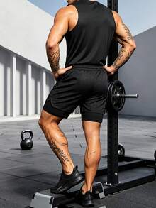Men's Sports Tank Top Mesh Pullover Round Neck Reflective Print Sports Shorts Set Running Fitness Workout Outfit - Black - View 4