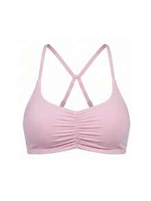 Women's Casual Sport Criss Cross Ruched Bust Removable Pads Crop Tops,Solid Color Adjustable Strap Basic Softery Camisole,For Yoga,Outdoor Sports - Pink - View 4