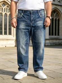 Men's Plus Size Elastic Wide Leg Jeans, Gradient Washed Stretch Denim Pants, Street Casual Daily Trousers - Navy Blue - View 6