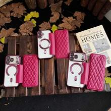 Premium Luxury Diamond Lattice PU Leather Flip Wallet Protective Shell Compatible With IPhone 18 Pro Max 18 Pro 18 17 Pro Max 17 Pro 17, Electroplated Edge & HD Camera Lens Guard, Built‑In Card Slots, Wireless Charging Supported Phone Case - Cherry Red - View 10