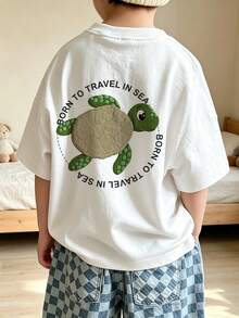 Young Boys Ocean Theme Printed T-Shirt, Cartoon Turtle Patchwork And Round Letter Back Print, Breathable Summer Casual Short Sleeve Shirt - White - View 1