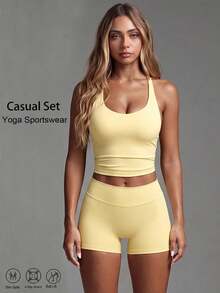 Women's 2 Pieces Athletic Casual Set, Halter V-Neck Backless Cropped Tank Top, Elastic Basic Leggings & Sports Shorts, Suitable For Yoga, Training, Gym, Daily Wear - Light Yellow - View 4