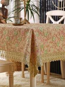 1pc Vintage Pink Floral Embroidered Lace Tablecloth, Gold Scalloped Lace Edge Transparent Mesh Table Cover, Elegant French Style Dining Tablecloth, Suitable For Dining Table, Wedding Banquet And Home Decor - Pink - View 7