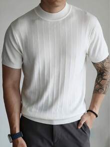 Men's White Ribbed Half-High Neck Short Sleeve Knit Pullover T-Shirt, Textured Slim Fit Casual Commuter Top For Spring, Summer, Autumn - White - View 4