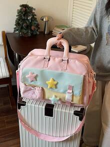 1 buah Tas Duffle Blok Warna Kawaii, Dekorasi Bintang Berbulu, Tas Perjalanan Kapasitas Besar, Tas Tangan & Tas Selempang dengan Tali yang Dapat Diatur untuk Sekolah dan Gym - MultiWarna - View 4