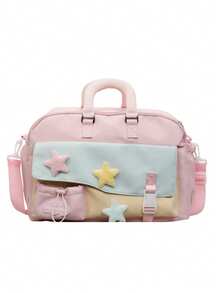 1 buah Tas Duffle Blok Warna Kawaii, Dekorasi Bintang Berbulu, Tas Perjalanan Kapasitas Besar, Tas Tangan & Tas Selempang dengan Tali yang Dapat Diatur untuk Sekolah dan Gym - MultiWarna - View 13