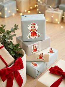 12/24/48pcs Personalized Custom Photo Christmas Angel Stickers, Custom Portrait Image Printed Waterproof Stickers, Angel Santa Claus Costume With Star And Holly Berry Design, Family Christmas Gift Wrapping Accessories, Gift Box Envelope Holiday Party Decoration - Multicolor - View 6