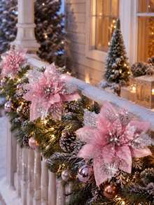 12/6pcs Pink Christmas Artificial Flowers With Clips And Sequins, Suitable For DIY Wreaths, Winter Parties, Christmas Tree Decorations And Christmas Party Decor - Pink - View 4