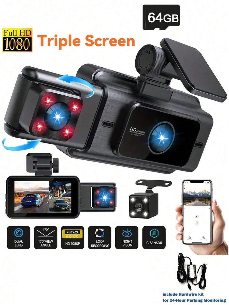 Kamera Dasbor Interior Depan dan Belakang 3 Saluran, Kamera Dasbor Mobil Full HD 1080P, Termasuk Kartu SD 128GB, Layar IPS 3 Inci, Penglihatan Malam, Sudut Lebar 170°, WDR, Pemantauan Parkir 24 Jam, Baterai 150mAh - A - View 1