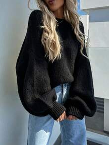 Solid Color No Decoration Round Neck Oversized Puff Sleeve Loose Short Knit Sweater, Suitable For Autumn Daily Casual Wear And Weekend Gatherings - Black - View 5