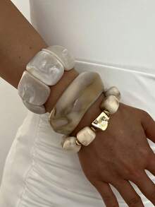3pcs/Set Stackable Fashion Minimalist Elegant Exquisite Vintage Geometric White Resin Asymmetrical Marbled Pattern Beaded CCB Spliced Design Elastic Bracelet Chunky Wide Fat Bangle Set Holiday Vacation Party Date Gift Daily Commute Wear Personalized - Multicolor - View 5