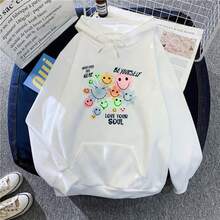 Women's Oversized Brushed Cotton Hoodie, Graphic Print With White Face And "Love Your" Text, Drawstring Hood, Kangaroo Pocket, Casual Streetwear Style - White - View 3