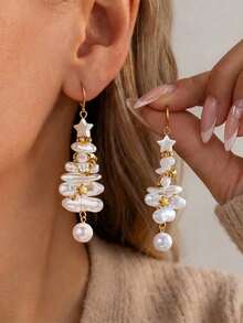 2pcs Anting Natal Desain Asimetris Bentuk Pohon Natal dan Bintang dari Mutiara Imitasi, Perhiasan Telinga Minimalis Elegan - Putih - View 1