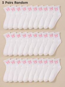 5/10/20 Pairs Random Pink Bow Crew Socks For Girls Toddler Kids Teen Tween Fall Winter Ankle Socks Back To School White Socks For Halloween Christmas - Multicolor - View 19