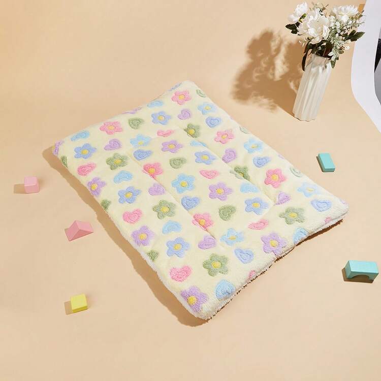 Yellow Multicolor Floral Print Thickened Polyester Pet Bed Mat, Breathable Comfortable Washable All-Season, Suitable For Small And Medium Cats And Dogs, Suitable For Teddy And Other Pets, Not Suitable For Large Dog Breeds - Yellow - View 5