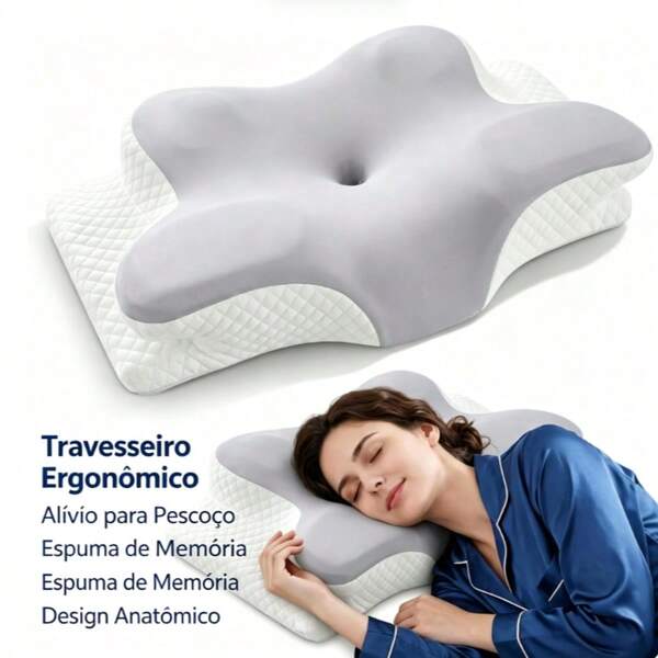 Travesseiro Ergonômico Borboleta para Pescoço, Espuma Viscoelástica, Suporte para Sono, Fronha Lavável, Cor Cinza Claro