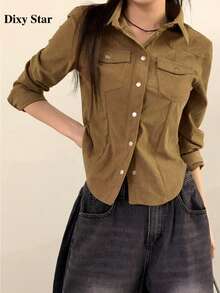 Kemeja Lengan Panjang Slim Fit dengan Dua Saku yang Menawan - Khaki - View 3
