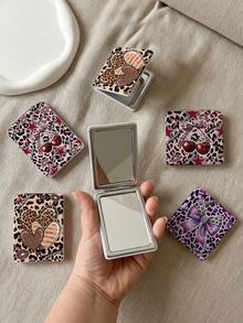 1pc Y2K Leopard Print Portable Makeup Mirror, Double-Sided Folding Pocket Mirror, PU Leather Travel Makeup Mirror (Leopard, Heart, Bow, Cherry, Lips, Glitter & Rhinestone Patterns), Mini Handheld Makeup Mirror For Women, Y2K Style Beauty Accessory Gift - Multicolor - View 2