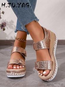 Summer Fashion Women's Wedge Sandals, Bohemian Style Rivet Open Toe Design With Ankle Strap, Breathable Comfortable Casual Elegant Flat Shoes - Gold - View 2