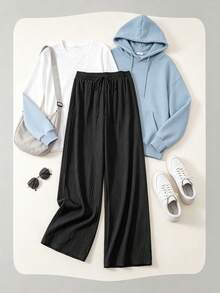 Women's Wide Leg Pants, High Waist Drawstring Elastic Waist Loose Pleated Wide Leg Pants, Casual Flowy Summer Long Pants - Black - View 8