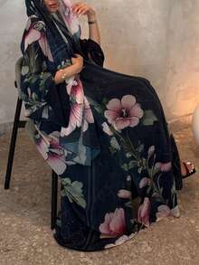 Women's Floral Print Abaya Set, Long Flare Sleeve Dress With Headscarf - Multicolor - View 2