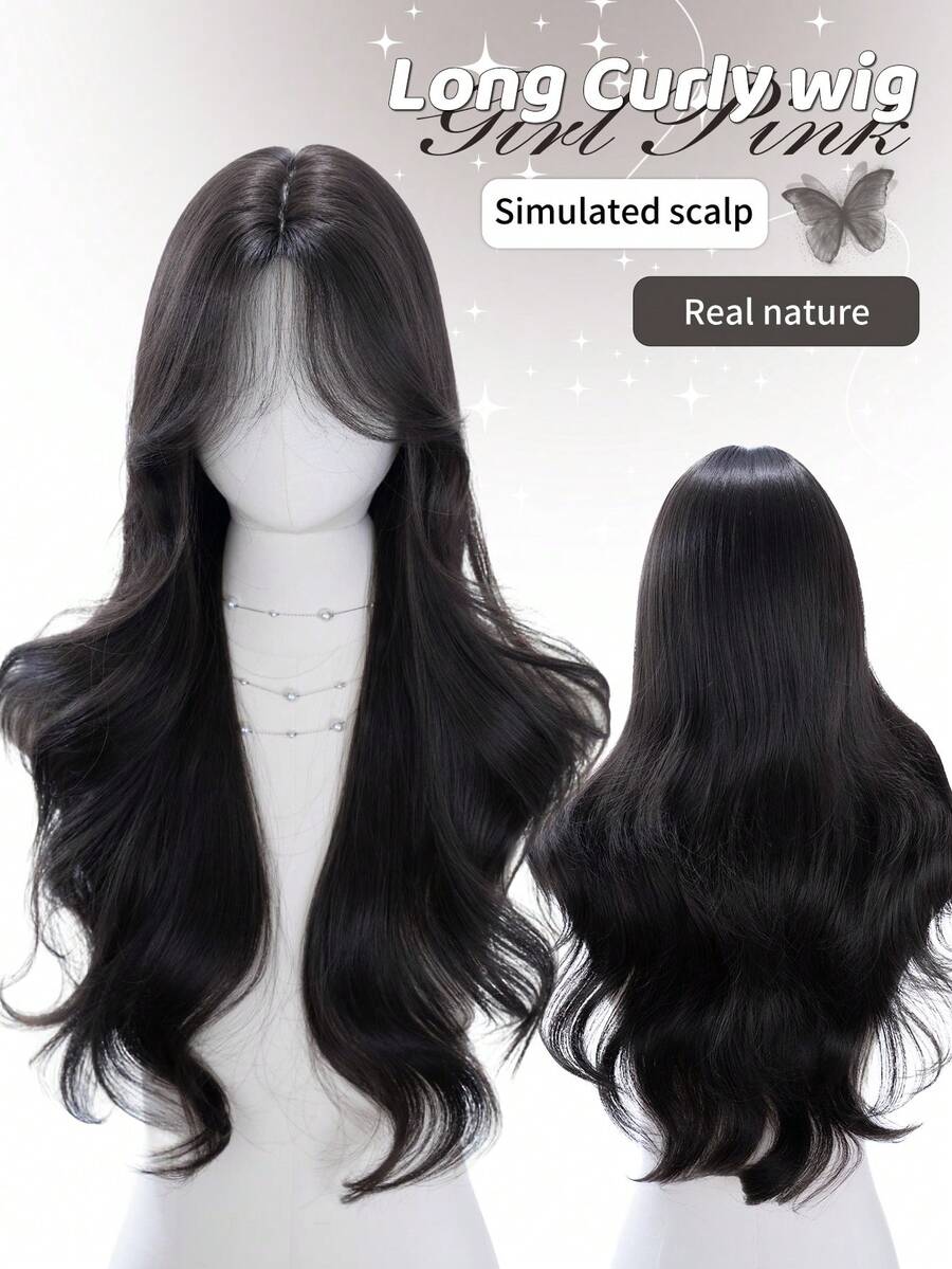 alicegarden 28-Inch Long Synthetic Wig Featuring A Natural Wavy Style In A A Stunning Black. Middle Part Design , This False Hairpiece Is Perfect For Ms Daily Party Cosplay Use, Offering A Natural And Natural Durable Wig Gift For Ladies. - Black - View 1