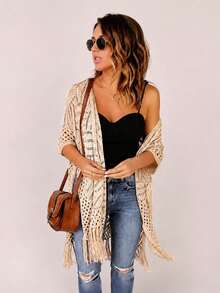 Acelitt Women's Summer Vacation Solid Color Hollow Knit Tassel Hem Kimono Cover Up Casual Beach - Apricot - View 2