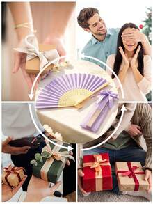 Light Purple Folding Fan Set, Including A Fan, A Small Pouch, And A Bow; A Portable Folding Fan Set Suitable For Weddings, Parties, And Event Decor. - Multicolor - View 10