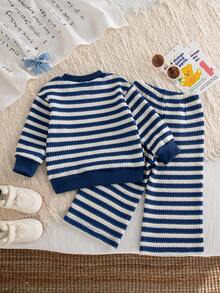 Autumn/Winter Baby Girl Blue Striped Outfit & Spring/Autumn New Round Neck Loose Top & Wide Leg Pants 2-Piece Set, Stylish Versatile Casual Outfit For - Blue - View 2