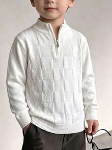 Boys' College Style Solid Color Plaid Collar Polo Shirt, Thin Knit Pullover Sweater With Half-Zip, Suitable For School Daily Wear In Spring, Summer, Autumn - White - View 2