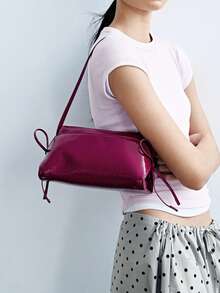 European And American Fashion Solid Color Bow Patent Leather Shoulder Bag - Hot Pink - View 4