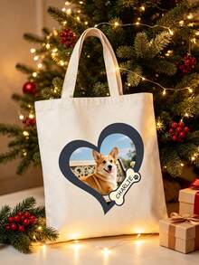 個性化寵物照片客製化姓名愛心相框帆布托特包，狗狗貓咪愛好者禮物單肩包 - 彩色 - 查看 5