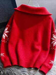 Christmas Red Half-Zip Collar Sweater, Casual Holiday Vacation Date Wear - Red - View 4