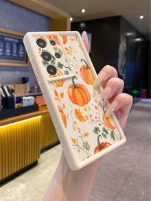 1pc Fashion Pure Android TPU Material Pumpkin Vine Leaf Autumn Element Pattern Lens Protection Thick Anti-Fall Anti-Fingerprint Beige Diamond Sand Phone Case Compatible With Samsung/Transsion/HONOR/ - Beige - View 2