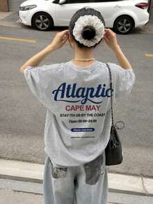 Women's Fashion Loose Casual Round Neck Letter Slogan Print Short Sleeve T-Shirt, Versatile For Summer - Light Gray - View 2