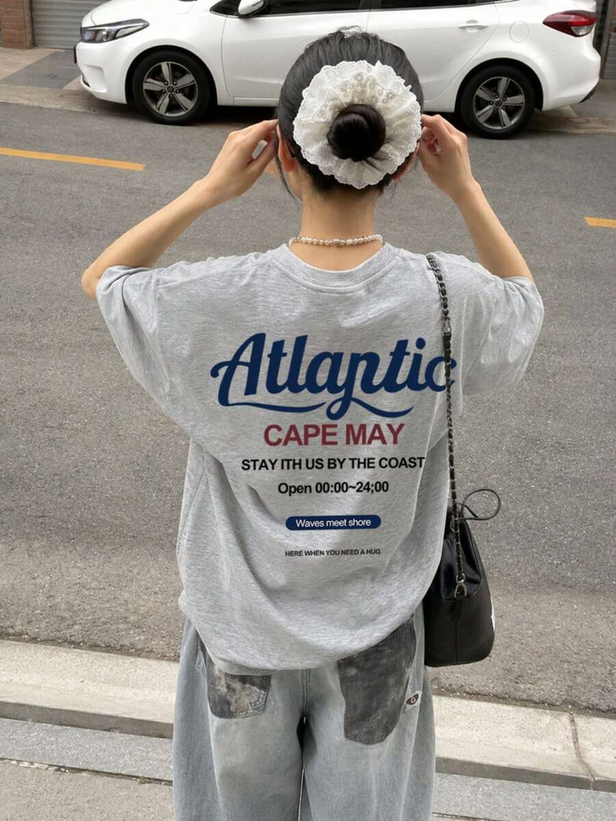Women's Fashion Loose Casual Round Neck Letter Slogan Print Short Sleeve T-Shirt, Versatile For Summer - Light Gray - View 1