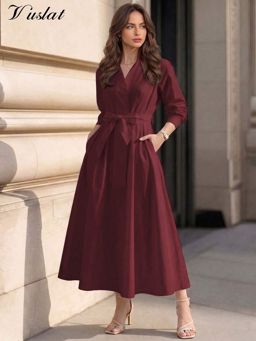 Vuslat Women's Autumn Solid Color Small Stand Collar Tie Waist Pocket Long Sleeve Shirt Dress, Suitable For Daily Wear, Back To School, Seasonal Occasions - Burgundy - View 1