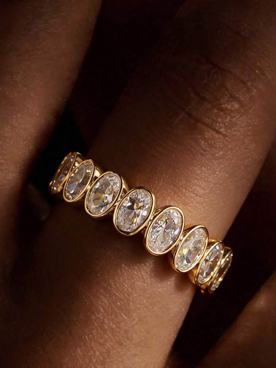 1pc Luxury Elegant Oval Zirconia Band Ring, Women's High Color Retention 14K Gold Plated Ring, Fashionable Niche Design Stackable Index Finger Ring, Engagement Daily Versatile Premium Jewelry