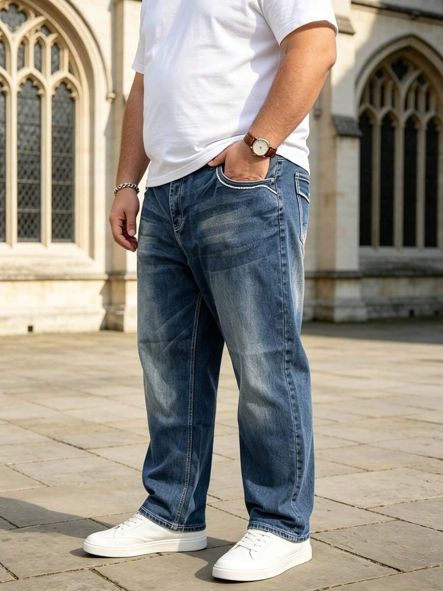 Men's Plus Size Elastic Wide Leg Jeans, Gradient Washed Stretch Denim Pants, Street Casual Daily Trousers - Navy Blue - View 1