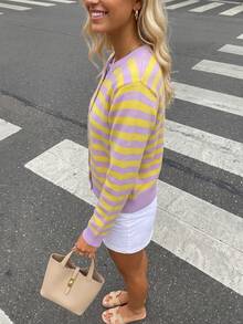 Light Purple & Yellow Striped Knit Cardigan, Round Neck Wavy Hem Single-Breasted Long Sleeve Sweater Jacket - Pale Purple-yellow - View 3