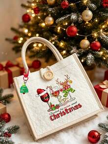 Beige Linen Tote Bag With Christmas Wine Glass & Reindeer Print, Suitable For Christmas Gifts, Travel And Daily Use - Multicolor - View 12