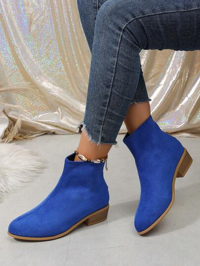 Sepatu Bot Ankle Wanita Gaya Barat, Bahan Denim Suede Bordir, Ujung Lancip, Hak Tebal, Resleting Samping, Sepatu Bot Kasual Gaya Vintage Country