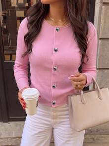 Sweater Pullover Rajut Lengan Panjang Leher Bulat Warna Pink untuk Wanita, Potongan Reguler - Berwarna merah muda - View 1