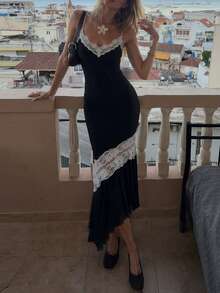 Women's Sexy Backless Lace Ruffle Patchwork Spaghetti Strap Maxi Dress, Vintage Elegant, 10cm - Black - View 4