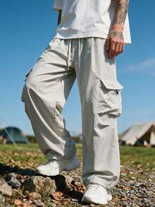Men's Elastic Drawstring Multi-Pocket Cargo Casual Pants - Light Grey - View 3
