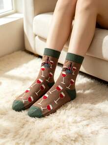4 Pairs Women's Cute Novelty Wine Glass Pattern Crew Socks, Fun Colorful Casual Mid-Calf Socks, Suitable For Daily Wear And Party Gifts - Multicolor - View 5